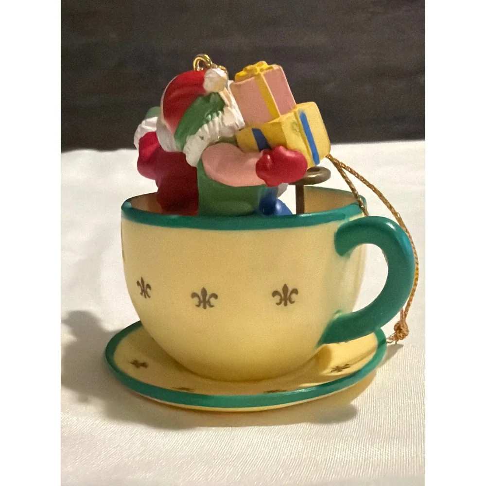 Santa and Elf in Teacup Christmas Ornament Yellow Fleur-de-Lis Holiday Decor